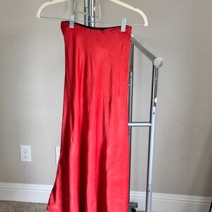 Red silk look midi skirt